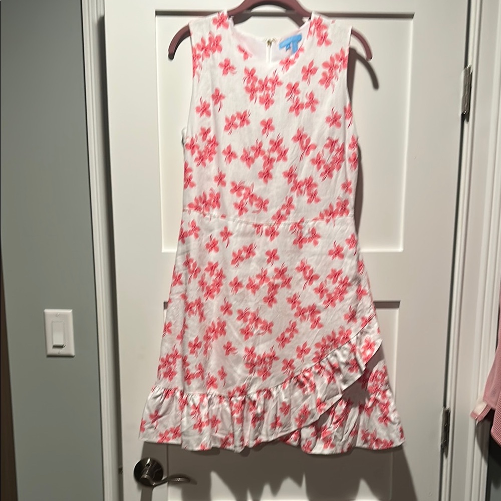 Draper James Linen Pink and White Sleeveless Mini Sundress with Flounce Hem